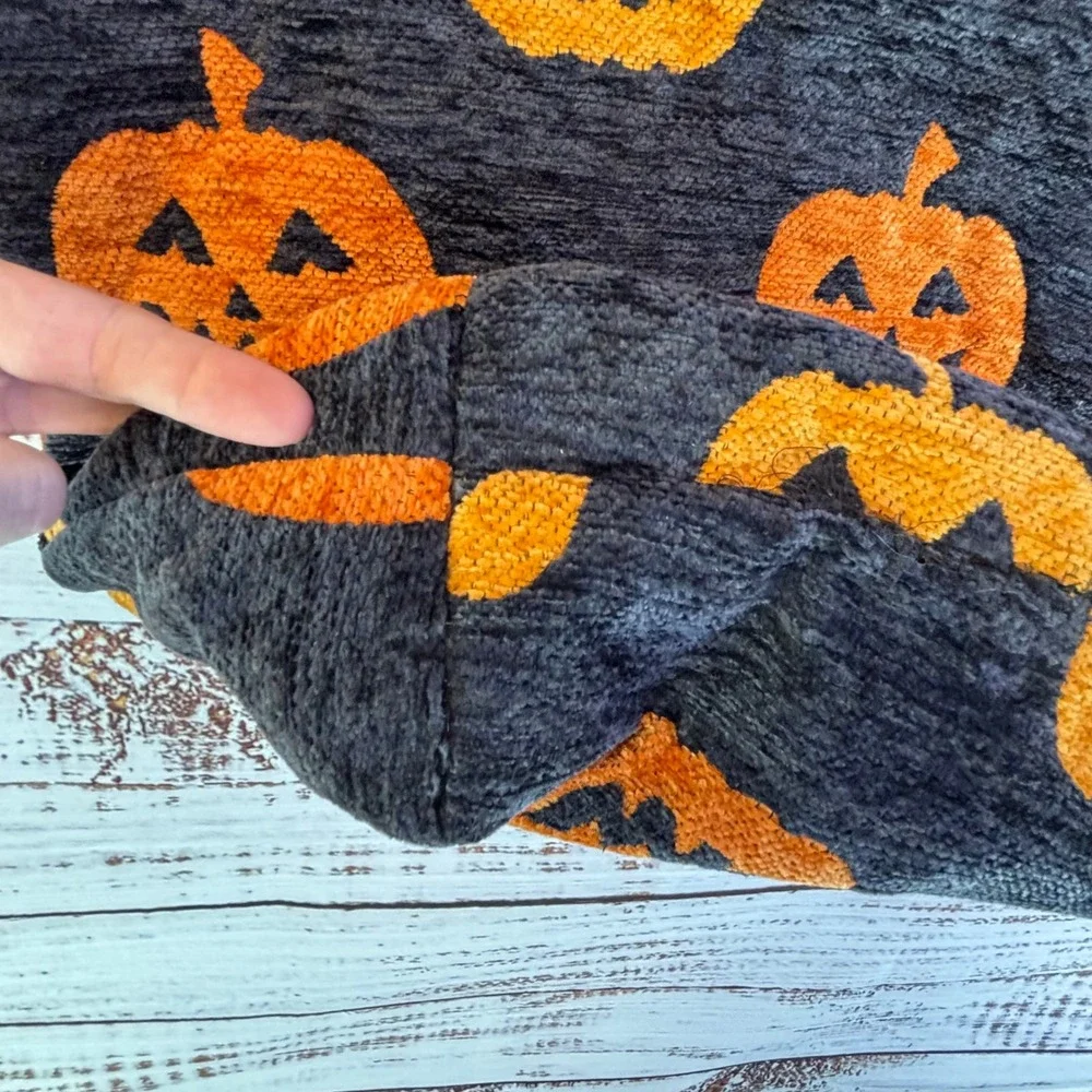 Tote Bag Black Orange Chenille Pumpkin Halloween Kitsch Spooky Jack O Lantern